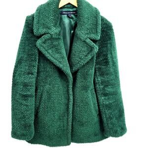 French Connection Medium Green Faux Fur Teddy Coat Collared Emerald Warm Cozy